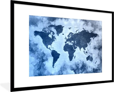 Poster in lijst - Fotolijst 120x80 cm - Posters - Wereldkaart - Kleur - Blauw - Posterlijst zwart - Decoratie - Wanddecoratie woonkamer - Muurdecoratie slaapkamer