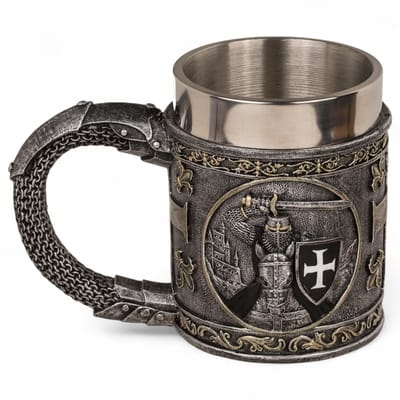 Dailygoods- Drinkbeker met roestvrijstalen inzetstuk - Middeleeuwse decoratie - Polyresin - Gedetailleerde reliëfs - Hygiënisch en onderhoudsvriendelijk - Afmetingen ca. 11 × 9 cm - Kruik