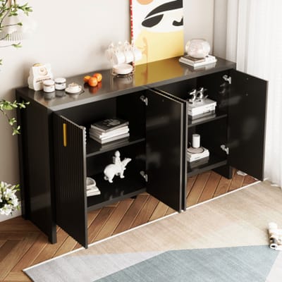 Modern Zwart Sideboard met Gouden Handgrepen, Verstelbare Planken – Minimalistisch Opslagmeubel voor Woonkamer