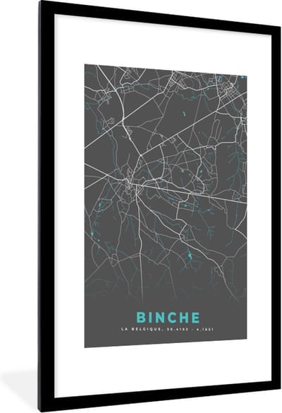 Fotolijst incl. Poster - Plattegrond – Binche – Blauw – Stadskaart - Kaart - België - 60x90 cm - Posterlijst