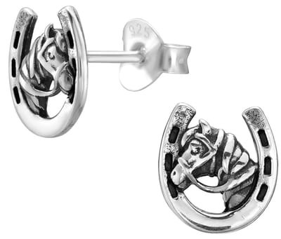 Joy|S - Zilveren paard met hoefijzer oorbellen - 7.5 x 8 mm - geoxideerd