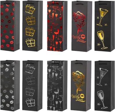 10 Zwarte Papieren Geschenkzakken voor Wijn- en Champagneflessen
