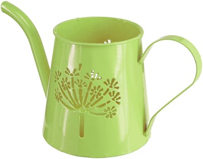 Decoratieve metalen gieter, met paardenbloemmotief, groen, 12 cm hoog,