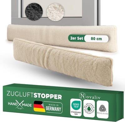 Tochtstopper voor deuren 80cm natuurlijke scheerwol  houdt tocht en kou tegen, dempt geluid/stof/licht, antislip, geen boren nodig; voor appartement/voordeur, dicht deurspleet af, set van 2