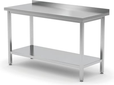 HENDI Muurwerktafel met opstaande rand en schap – 600 mm diep – verstelbare poten – roestvast staal