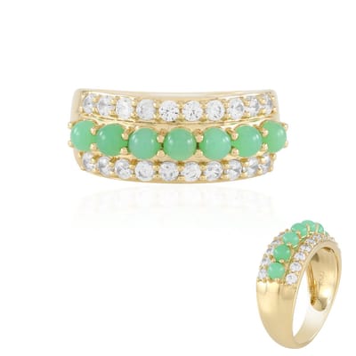 Cavill - 925 Sterling Zilver Vergulde Ring - 7x 3mm Chrysopraas Cabochon & 20x 2mm Zirkonen - Elegante, Brede Groene Edelsteen Ring voor Dames