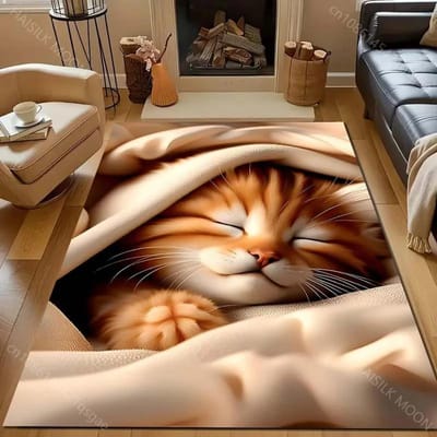 Grappige Kat Slaapt Diep in Deken Patroon Tapijt Moderne Huisdecoratie Gebiedskleed Slaapkamer Woonkamer Bedzijde Bank Vloermat Cadeau 40x60cm (16x24in) brown
