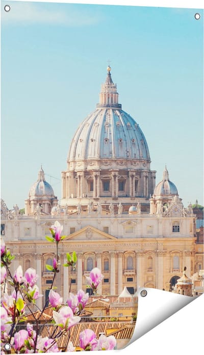 Gards Tuinposter Sint Pietersbasiliek in Rome met Bloemen - 60x90 cm - Tuindoek - Tuindecoratie - Wanddecoratie buiten - Tuinschilderij