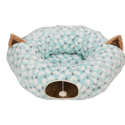 Lit Tunnel pour Chat avec Tapis Motif Cœur Rond Pliable 3 Voies Tube pour Chat avec Balle de Jeu pour Chat
