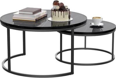 REDOM Salontafel set van 2 – Ronde salontafel met marmerlook – Moderne nesttafels voor woonkamer – Zwart metalen frame – Ruimtebesparend design – Woonkamer bijzettafel – Zwart