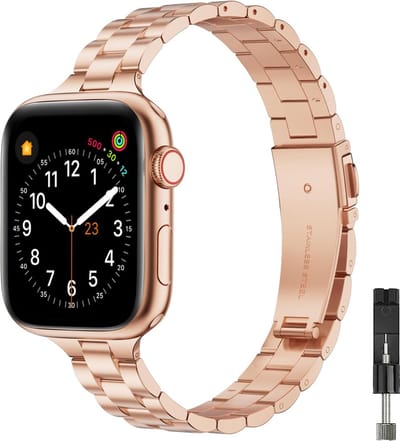 Stravo Elegante Dunne RVS bandje Geschikt voor Apple Watch 42mm (Series 11/10), 41mm (Series 9/8/7), 40mm (Series 6/5/4/SE 1/2/3), 38mm (Series 3/2/1) - Luxe Metalen Slim Horlogeband - Roségoud