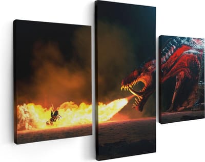 Artaza Canvas Schilderij Drieluik Draak Spuwt Vuur op een Paard en Knecht - 90x60 - Foto Op Canvas - Canvas Print
