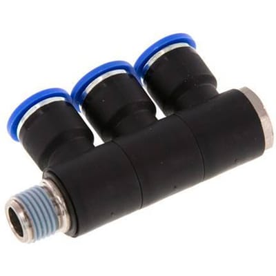 10mm x R1/4'' 3-way Manifold Messing/PA 66 Insteekfitting Buitendraad Draaibaar NBR