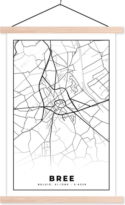 Posterhanger incl. Poster 40x60 cm - Schoolplaat - Stadskaart – Plattegrond – België – Zwart Wit – Bree – Kaart - Textielposter - Blanke latten - Stadskaart
