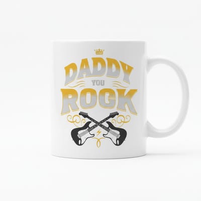 Daddy You Rock Mok 330ml – Witte Koffiemok met Gitaarontwerp – Leuk Vaderdag Cadeau voor Stoere Papa’s