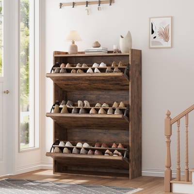 Hoge Schoenenkast 3 Kleppen Voor 18-24 Paar Schoenen - 80x26x117cm - Schoenenrek Smal - Schoenenmeubel Hout - Verstelbare Planken - Minimalistisch - Ruimtebesparend - Voor Hal Woonkamer - Bruin