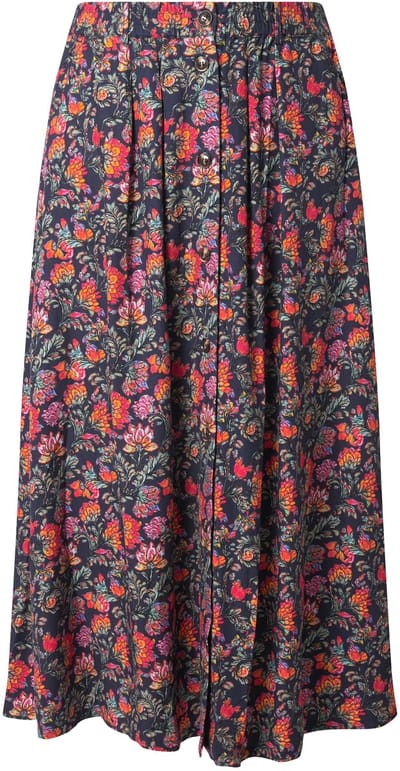 Ulla Popken - Dames - Maxi-rok Landhaus-print A-lijn bandplooien - Marine - Maat 42+