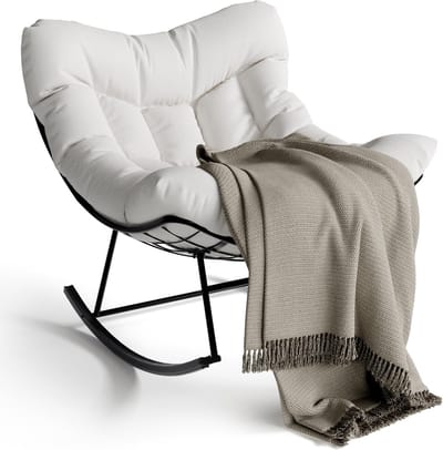 Moderne Schommelstoel voor Buiten met Kussen - Ergonomische Lounge Tuinstoel - Weerbestendig Metaal - Voor Tuin, Balkon, Veranda & Terras - Wit