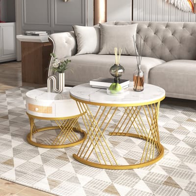 REDOM 2-in-1 ronde salontafelset met marmerlook blad, kunststof-rattan lades, massief hout grepen en gouden metalen poten
