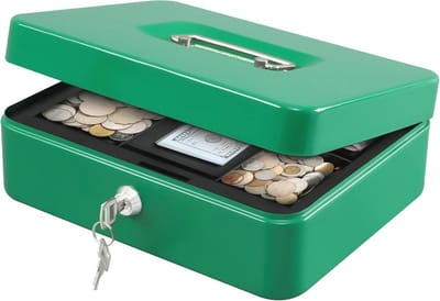 Grote Lock Box met Money Tray - Veilige Metalen Geldkist voor Cash, 25 cm x 20 cm x 9 cm Groen