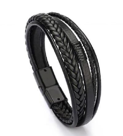 Sorprese armband - Luxury - armband heren - leer - zwart - 5 snoeren - zwarte sluiting - cadeau - Model M