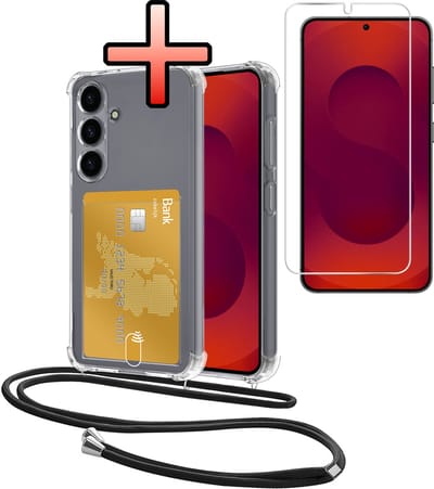 Hoes Geschikt voor Samsung Galaxy S25 Hoesje Pasjeshouder Cover Met Koord Shock Proof Case Siliconen Hoes Met Telefoonkoord en Kaarthouder Met Screenprotector - Transparant