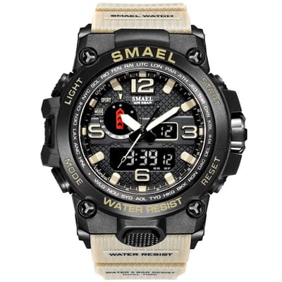 Heren Horloge Zwart met Khaki rubber band | Smael | Waterdicht |Glow in dark | Mud Master | Leger | 1545 | Beige | Grof | Licht | Rubberen band | Timer | Eyecatcher | Master| Vaderdag Cadeau | Vaderdag | kado|