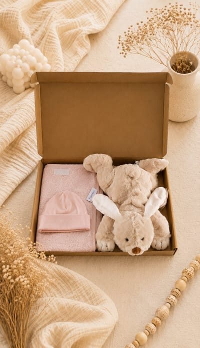Kraampakket beige / lichtroze – Knuffel Konijn, Baby Mutsje & Slab – baby meisje – babyshower – Luxe Gouden Geschenkverpakking – Brievenbus Kraamcadeau