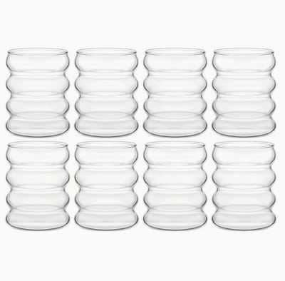 Trendy glazen Drinkglazen Set van 8 – 500 ml – Vintage Wavy Design – Geribbelde Glazen voor, Koffie,matcha, Frisdrank & Sap