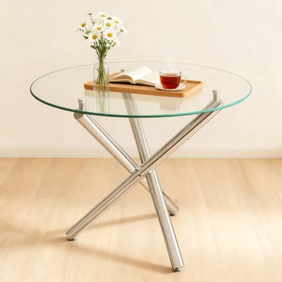 Pugsdrly Ronde eettafel met blad van gehard glas en metalen poten, salontafel, moderne minimalistische eettafel, 80 × 80 × 76 cm
