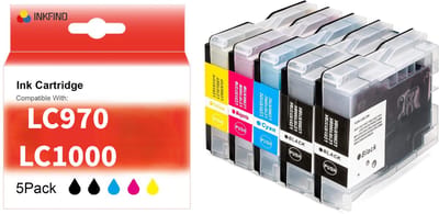 INKFIND LC970 LC1000 inktcartridge voor Brother LC970 LC1000 LC-970 LC-1100 inktcartridge multipack 5 stuks (Zwart x 2, Cyaan x 1, Magenta x 1, Geel x 1)