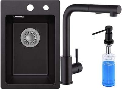 CECIPA max Spoelbak Keuken 30x45cm - Granieten Spoelbakken Zwart - Spoelbakken Keuken Met Keukenkraan Met Uittrekbare Uitloop en Zeepdispenser 300ML - Wasbak Keuken