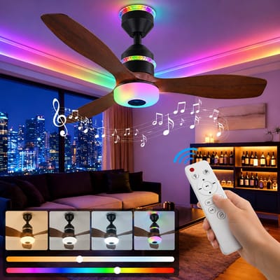 MUPOO Modern Houtlook Plafondventilator met Lamp Ø61cm- Bluetooth Speaker & plafonventilator afstandsbediening-RGB ventilator lamp plafond met 3 Snelheden & Slaapmodus - plafondventilator slaapkamer Woonkamer gamekamer