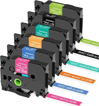 6x Compatibele Tape voor Brother P-Touch Labelmaker 12mm x 8m - Gekleurde Gelamineerde Labels voor H100LB H105 H107B H110 H200 D210 D400