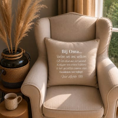 Sierkussen Kussen met tekst bedrukt cadeau | Regels voor Bij Oma Thuis | beige met opdruk wit met vulling | 50x50 cm | moederdag verjaardag vrouw hoera je wordt zwangerschapsaankondiging