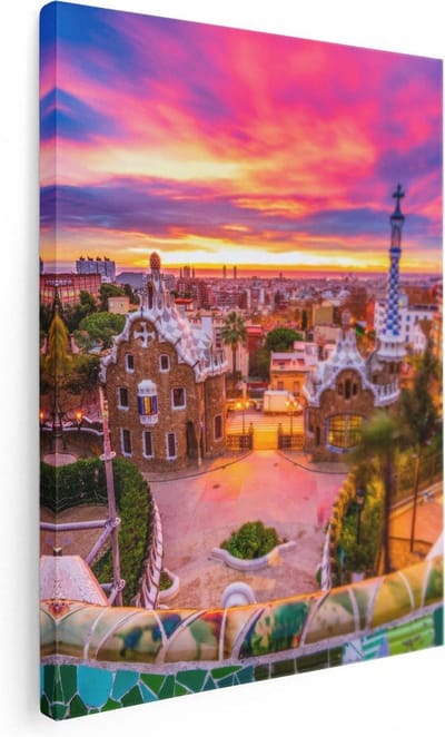 Artaza Canvas Schilderij Park Güell - 30x40 cm - Klein - Wanddecoratie Mozaiek - Muurdecoratie Zonsondergang - Kamer Accessoires Stad