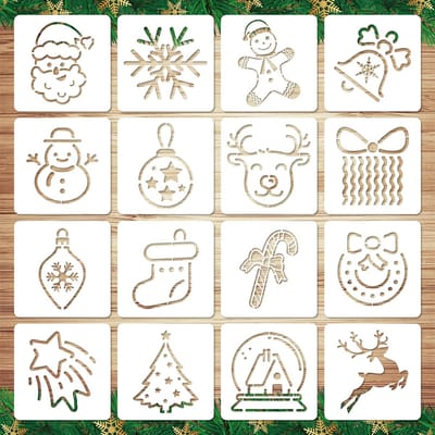 Dailygoods- Kerstsjablonen 16 Stuks - Herbruikbare Sjablonen - PET Materiaal - 13x13cm - Vrolijke Patronen - Duurzaam en Schilderen - Kerststencils