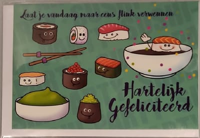 Hartelijk gefeliciteerd! Laat je vandaag maar eens flink verwennen! Een leuke kaart met blije gebakjes! Een geschikte kaart om zo te geven of om bij een cadeau te voegen. Een dubbele wenskaart inclusief envelop en in folie verpakt.