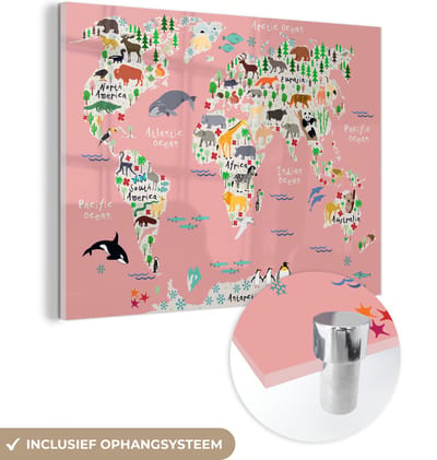 ® Glasschilderij 120x90 cm - Schilderij acrylglas - Wereldkaart - Kinderen - Roze - Dieren - Foto op glas - Muurdecoratie woonkamer - Wanddecoratie slaapkamer - Schilderijen