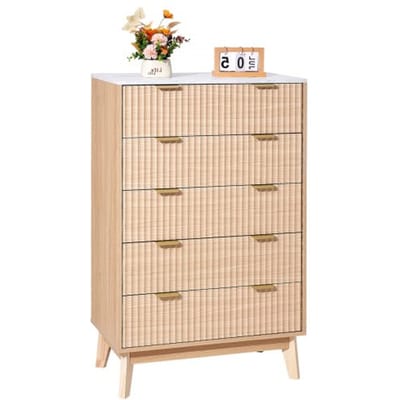 VEVOR ladekast met 5 gecanneleerde lades, houten ladekast met schuif- en kantelbeveiliging, moderne minimalistische retro ladekastorganizer voor woonkamer, slaapkamer, gang (licht hout)