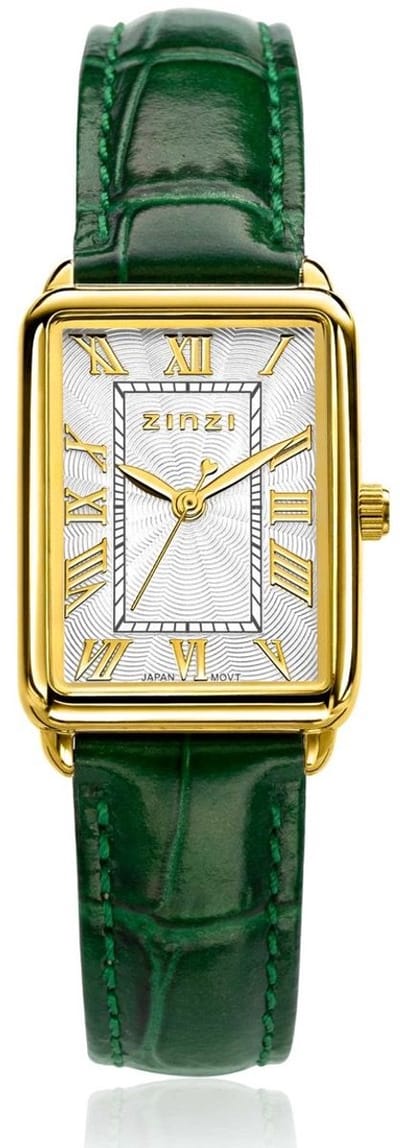 Zinzi Dameshorloge ZIW1907G | groen leren band, geelgoudkleurige kast, witte wijzerplaat, rechthoekig design