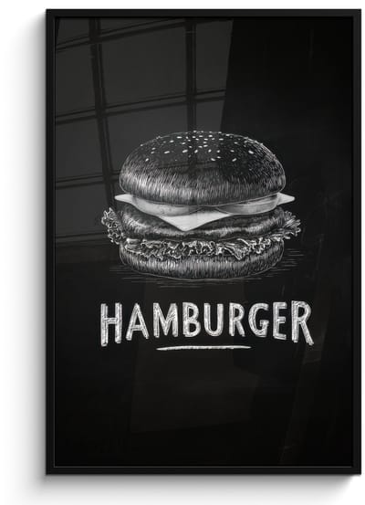 Poster in lijst - Fotolijst 80x120 cm - Posters - Hamburger - Krijttekst - Zwart - Wit - Posterlijst zwart - Decoratie - Wanddecoratie woonkamer - Muurdecoratie slaapkamer