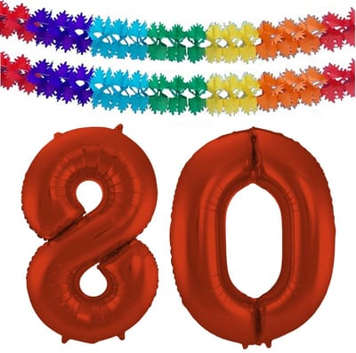 Folat Verjaardag Leeftijd folieballon - 80 jaar - rood - 86 cm - cijferballon groot - incl 2x feestslingers
