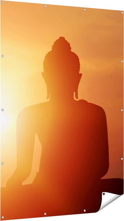 Gards Tuinposter Silhouet van een Boeddha Beeld met Zonsondergang - 120x180 cm - Tuindoek - Tuindecoratie - Wanddecoratie buiten - Tuinschilderij