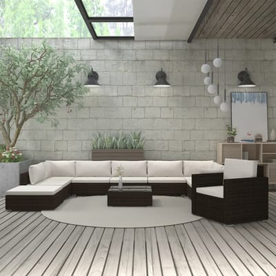 vidaXL - 11-delige - Loungeset - met - kussens - poly - rattan - bruin