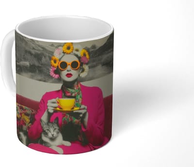 Mok - Koffiemok - Vrouw - Kat - Bloemen - Kopje - Retro - Mokken - 350 ML - Beker - Koffiemokken - Theemok