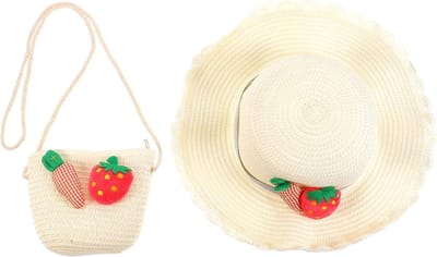Meisjes strohoed - Zonnehoed tas - Strand bescherming - Met bijpassende tas - 3-6 jaar - Aardbei