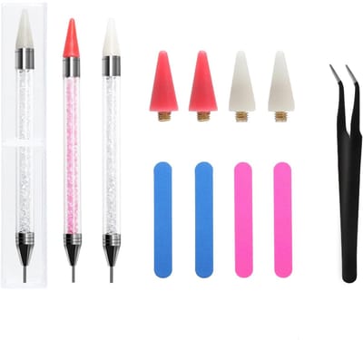 Dailygoods- Strassprikker Set - 2 Stuks Acryl - Dual End Punten - 4 Waskoppen - Nagelvijlen - Precisiepincet - Inclusief Opbergdozen - Nail Art Tool