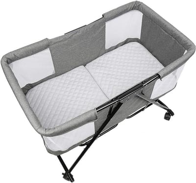 4-in-1 Kinderbed en Box Inclusief Matras - Verstelbaar Babybedje & Reiswieg Grijs