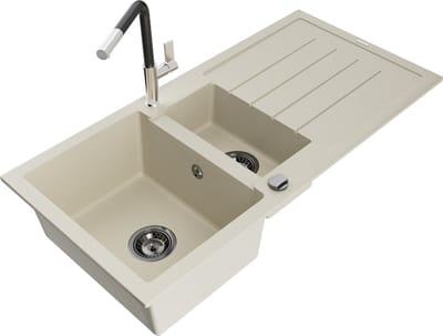 Mexen Andres granieten gootsteen 1,5-kamers met druiprek en keukenkraan Flora, beige - 6515-69-670401-07-B